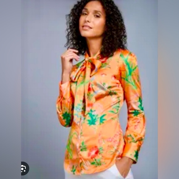 Hawes & Curtis Tropical Floral Buttoned Collared Pussybow Blouse Size 14 - Picture 1 of 10